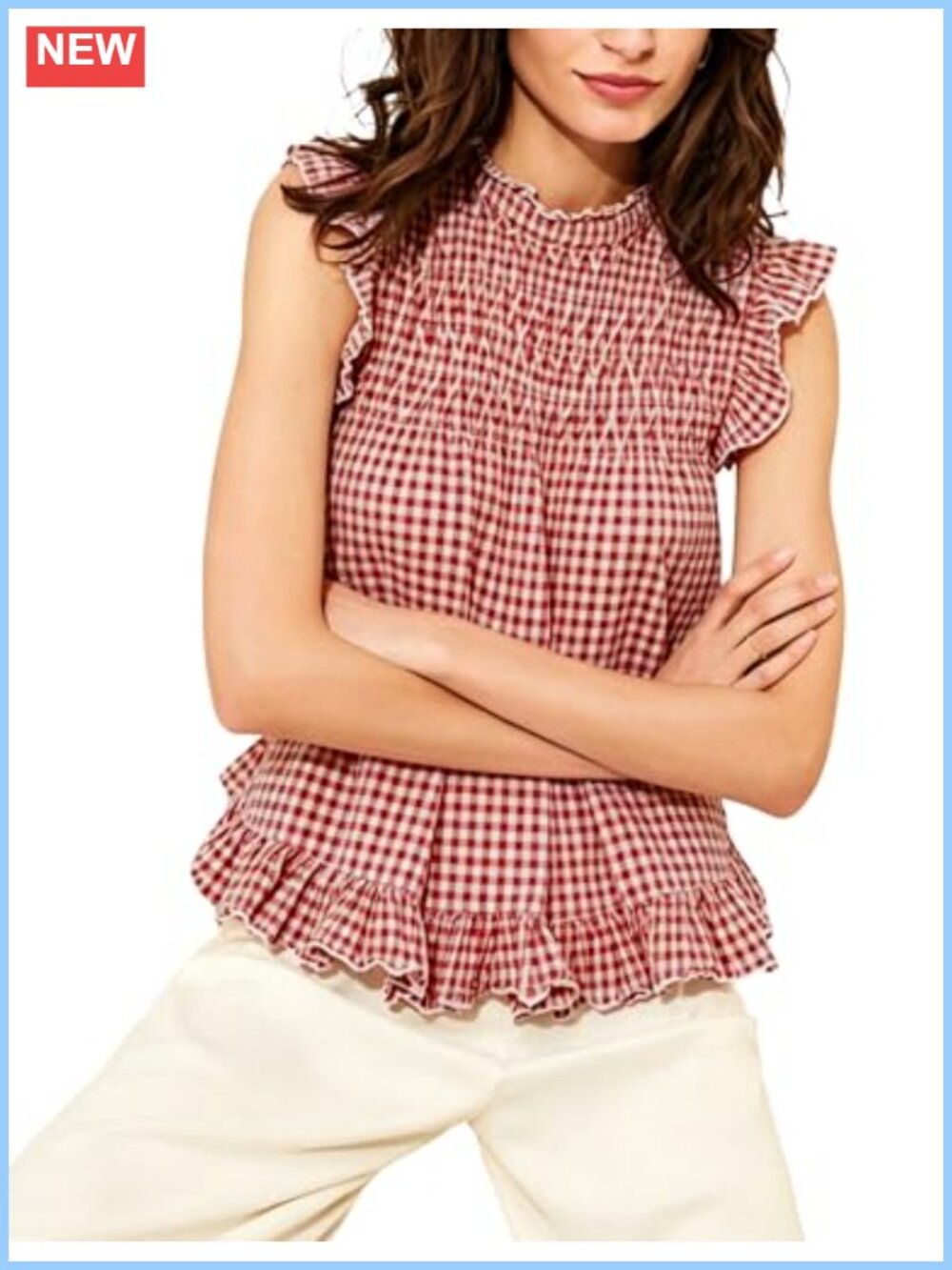 Women's Cotton Blend Sleeveless Ruffle Smocked Babydoll Tank Peplum Blouse